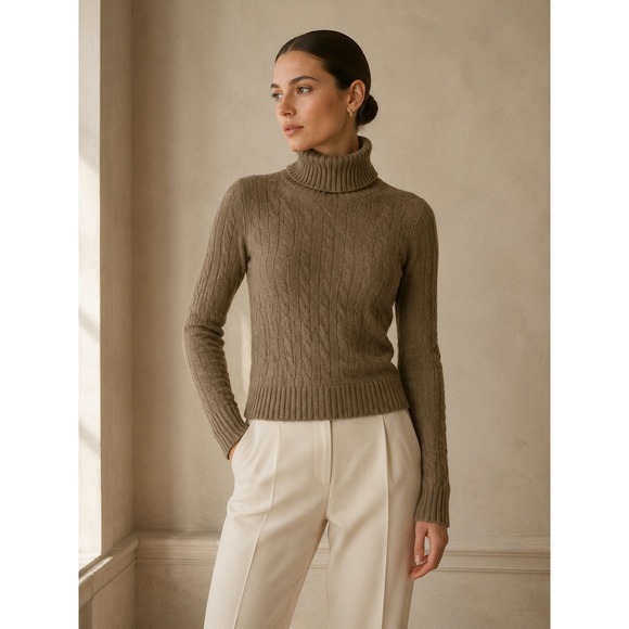 Ralph Lauren Sweaters - Ralph Lauren Slim Fit 100% Cashmere Cable Knit Turtleneck Sweater Taupe S